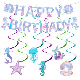 PIWOSGOL Mermaid Birthday Decoration, Iridescent Mermaid Garland with Seahorse Seashell Starfish Jellyfish, Happy Birthday Garland for Girls for Underwater World Mermaid Party Accessories