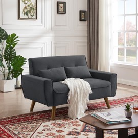 Jarenie 48" Loveseat Sofa, 2 Seater Love Seat Mid Century Modern Small Couches for Living Room Bedroom Apartment, 2 Throw Pillows and Wooden Legs, Dark Grey
