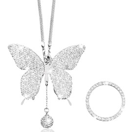 Bling Butterfly Diamond Car Accessories with Engine Start Stop Ring, Cars Rear View Mirror Charms, Car Decorations, Hanging Interior Decoration Pendant Lucky Gift for Women Girls, Silver