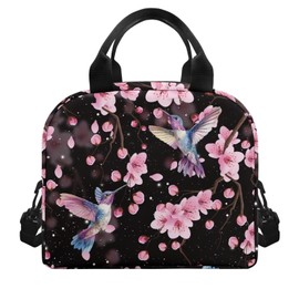 Luarisgur Cherry Blossom Lunch Bag Women Insulated Lunch Box Reusable Lunch Tote Bag Thermal Cooler Bag with Shoulder Strap for Work School Picnic Floral Hummingbird Soft Snack Bento Box Pouch Black