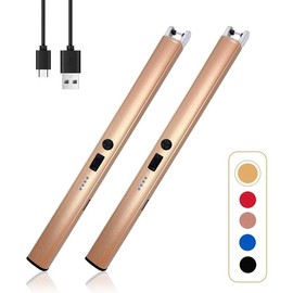 2 Count Candle Lighter,Windproof Flameless Electric Lighter with LED Power Display Safety Switch,Upgraded Plasma USB Rechargeable Lighter for Birthday Camping BBQ Champagne Gold - Color: Champagne Gold