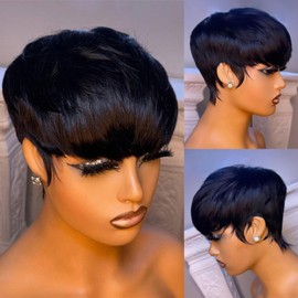 Short Human Hair Wigs for Women Pixie Cut Wigs with Bangs No Lace Front Wig Natural Short Straight Hair Glueless Wig Natrual Black