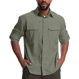 Mens Safari Sun Shirts UPF 50+ UV Sun Protection Long Sleeve Outdoor Breathable Quick Dry Fishing Hiking Gardening Shirts (New 5051 Grey Green L)