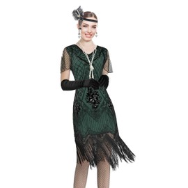 Women 1920s Gatsby Vintage Sequin Flapper Fringe Party Plus Dress with 20s Accessories Set, Style Leaf Black Green, Small