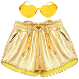 Girls Metallic Shorts Shiny Hot Pants for Dance Gymnastics Sparkly Shorts with Sunglasses