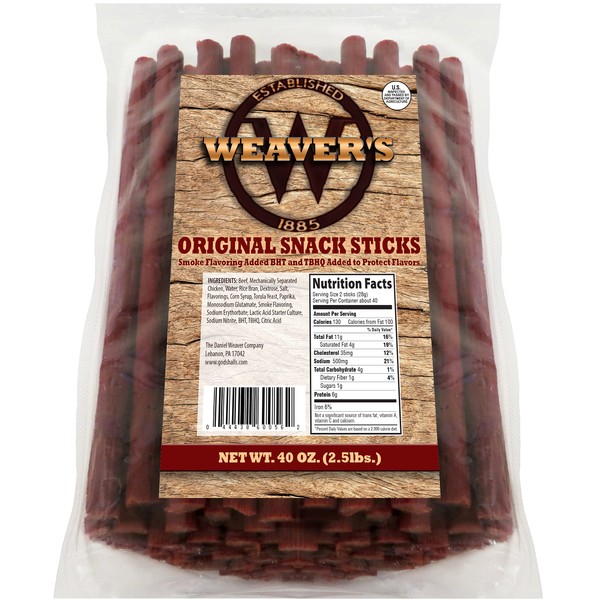 Weaver’s Original Snack Sticks (80 mild flavored 6.5" beef and chicken snack sticks per 40oz bag)