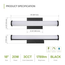 ASD LED 18 Inch Wall Mount Vanity Lighting Fixture | 20W 1800LM 3000K-5000K 120V | 3CCT, Dimmable, Energy Star, ETL Listed | Bathroom Linear Light Bar, Long Tube Bath Sconce | Black