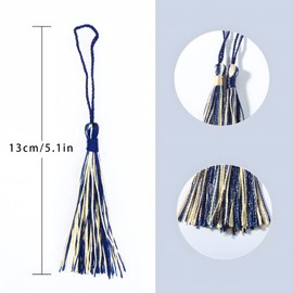 VAPKER 50 borlas para marcapáginas de 13 cm, sedosas hechas a mano, suaves borlas con lazo de cordón de 2 pulgadas para proyectos de bricolaje (azul profundo y dorado claro)
