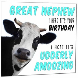 Great Nephew Birthday Card for Men Women Cow Pun Funny Birthday Cards for Great Nephew