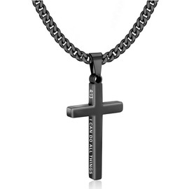 Gnamy Cross Necklace for Men Boys, Black Stainless Steel Bible Verse Cross Pendant Cuban Link Chain Christian Religious Catholic Christmas Valentines Day Baptism Jewelry Gifts for Teen Teenage Kids Son 8-12 Black 4:13