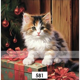 (581) TWO Individual Paper LUNCHEON Decoupage Napkins - CHRISTMAS KITTEN CAT