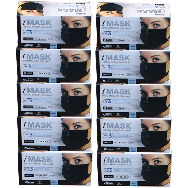 Pac-Dent iMask, Bulk Face Masks, Premium ASTM Level 3 Disposable Face Masks, 500-Pack (10 Packs of 50), Black