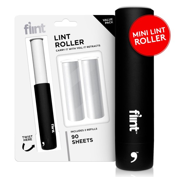 Flint Classic Black Retractable Mini Lint Roller with 90 Extra