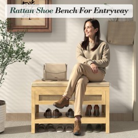 Apicizon Rattan Shoe Storage Bench Whith Cushion, Thickened Wood Entryway Bench with Storage Drawer, Farmhouse Shoe Rack Bench with Shelves for Entrance, Living Room, Hallway, Natural