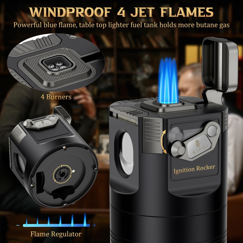 XIFEI 8-in-1 Desktop Cigar Lighter Kit, 4 Jet Flame Torch