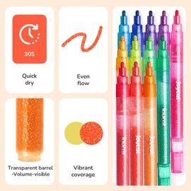 JoyCat 3mm Medium Tip Glitter Markers - 12 Vibrant Colors (Red to Pink) | 3ml High-Capacity Ink | Multi-Surface Paint Pens for Rock, Wood, Fabric, Glass | Gift for Kids DIY Crafts