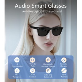 voogil Smart Glasses for Men & Women, Built-in Mic & Speakers Bluetooth Audio Sunglasses, Blue Light Filter & Polarized UV 400 Protection Lenses Open-ear Bluetooth Sunglasses for Android iOS, Black