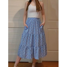 Lyrur - Falda midi floral para mujer, con bolsillos, cintura elástica alta, con volantes, estilo casual, para verano, estilo bohemio, Margarita azul, Small