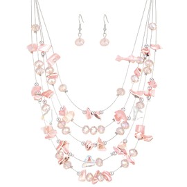 Errally Boho Layered Statement Necklace for Women Multi-Strand Shell Beaded Necklace with Crystal Beads Colorful Summer Jewelry Set Birthday Gifts for Women(45-Pink)