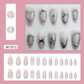 Mkwntg 24Pcs Ombre Press on Nails Medium Almond Fake Nails with Silver Chrome Design Star Heart Round Line Full Cover Acrylic Nails Pink White Gradient French Tip Stick on Nails for Women Manicure