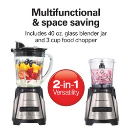 Hamilton Beach Power Elite Blender for Smoothies with 3-Cup Vegetable Chopper, Mini Food Processor, 40oz Glass Jar, 12 Functions for Puree, Ice Crush, Black and Stainless Steel (58149)
