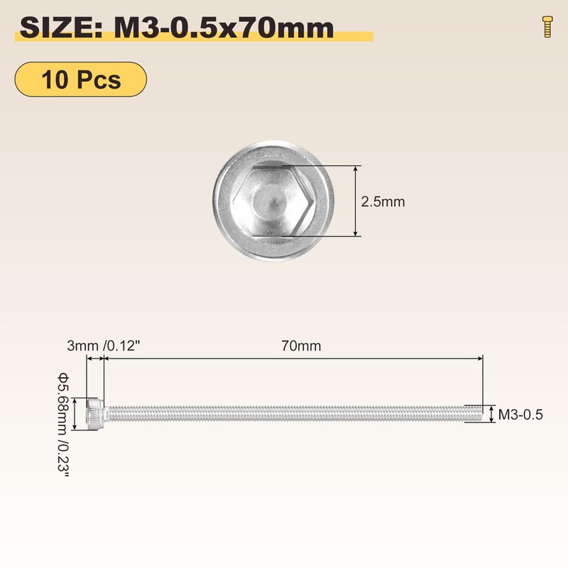 METALLIXITY Socket Head Cap Screw(M3-0.5x70mm)10Pcs, 304 Stainless Steel Allen Socket