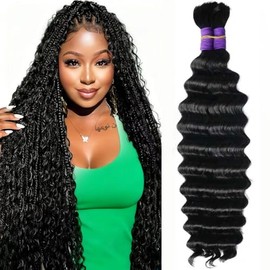 Human Braiding Hair for Boho Braids Deep Water Wave Bundles Hair Extensions Boho Hair for Braiding 12A 110g 2 Bundles/Pack Natural Color Pre-Stretched 18 Inch