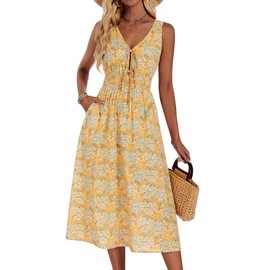 HUHOT Yellow 100% Cotton Dresses for Women 2025 Vacation Summer Midi Sundress with Pockets Boho Flower Resort Wear V Neck Sun Dress