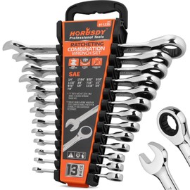 HORUSDY 13-Piece Sturdy Ratcheting Wrench Set | SAE 1/4''–7/8'' | Max Torque Ratchet Combination Wrenches Set with Storage Rack | 72-Tooth | Chrome Vanadium Steel