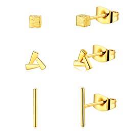 14k Gold Earrings Stud Earrings for Women Men, 3 Pairs Small Gold Geometric Stud Earrings Set Hypoallergenic Tiny Trendy Earring Stud -Triangle Square Bar