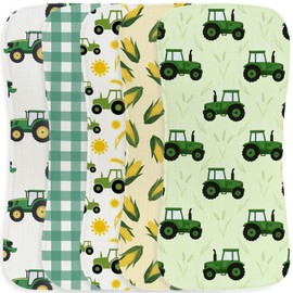 JoyframeAI 5 Pack Tractor Baby Burp Cloths for Boys Girls, Soft Cotton Large Burp Rags for Newborns, Super Absorbent Spit-Up Cloths, Green Tractor and Corn Farm Theme Design, Nursery Feeding Gift Set