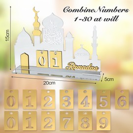 Ramadan Calendar 2025, 30 Days Eid Mubarak Countdown Calendar Ramadan Decorations, Acyclic Ramadan Mubarak Table Centerpiece with Base, Ramadan Decor Craft Ornament Party Supplies (Silver)