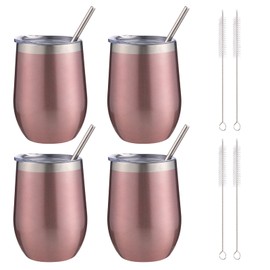 FristChoice 12 oz Insulated Wine Tumbler with Lid and Straw,Stainless Steel Stemless Wine Tumbler Glasses Double Wall Vacuum Wine Cups Bulk for Coffee,Champaign,Cocktail,Office(Rose Gold,4)