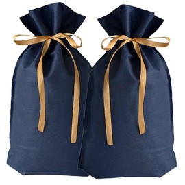 FuoooooGui Wrapping Bag, Gift Bag, Comes with Ribbon, Non-woven Fabric Drawstring Bag, Set of 2, 8.7 x 13.0 inches (22 x 33 cm) Wrapping Bag, Stylish, Dark Blue