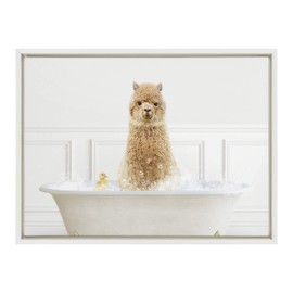 Kate and Laurel Sylvie Alpaca In Bubble Bath Neutral Style Framed Canvas Wall Art by Amy Peterson Art Studio; 18x24 White; Minamlist Animal Art for Bathroom; Laundry