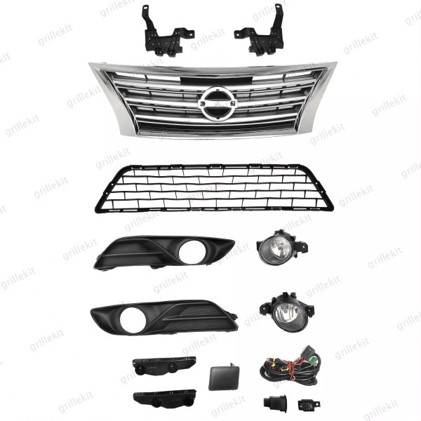 ROKY 11PC For Sentra 2013-2015 Front Chrome Grille Mesh Fog
