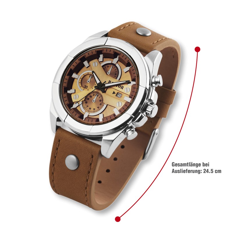 Raptor Men's Chrono-Look Watch with Riveted Bracelet Brown Analogue Date