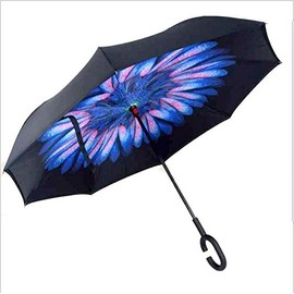 We pay your sales tax Inverted Umbrella Windproof Reverse Double Layer Umbrella with C-Shaped Hands Blue Feathers