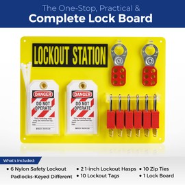 BRADY Lockout Tagout Station with Loto Devices. Lock Out Tag Out Kit Board with 6 Keyed Different Safety Lock Set, Hasps for Padlocks, 10 Do Not Operate Tags for Lockout Safety Supply - 153679