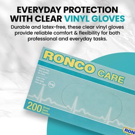 Disposable Vinyl Gloves, 200 Gloves, Small, Clear Powder Free Vinyl, Food Kitchen, Latex Free, Ronco Care 230S (S)