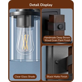 EDISHINE Wall Sconces Set of 2, Farmhouse Vanity Light Fixtures with Clear Glass Shade & Dark Brown Wood Grain Paint, 1-Light Wall Mount Lamp for Bathroom, Hallway, Living Room, Mirror, Kitchen