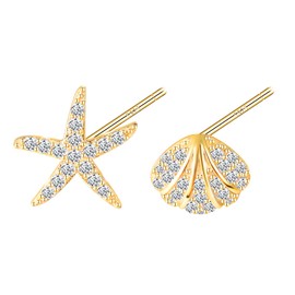 CONILOK Unbalanced Earrings Silver 925 Stud Earrings Gold Zircon Starfish Shell Women's Jewellery Earring Gifts for Women Girls Birthday Wedding Christmas Day Valentine's Day, Silver, Cubic Zirconia