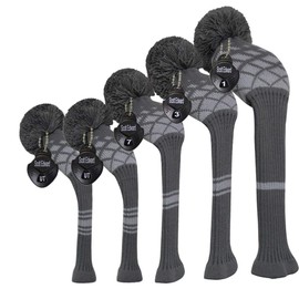 Scott Edward Golf Headcovers 5Pcs for Driver*1 Fairway*2 Hybrid*2,Knitted Elastic Yarn Double Layers Big Pom Protect Golf Club from Scracthes and Dust,Perfect Match Golf Bags (Grey Reticulated)