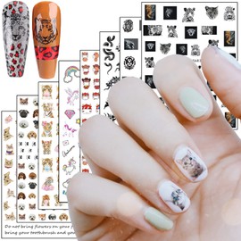8 Designs Animal Nail Art Stickers Decals, Cat Dog Cow Unicorn Snake Tiger Leopard Lion Nail Transfer Decals, 3D Pet Nail Self-Adhesive Sticker Acrylic Supplies for Women Manicure Tips Decorations