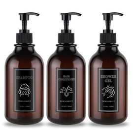 DEROANBOTT Shampoo and Conditioner Dispenser, Refillable Plastic Shampoo Pump Bottles with Waterproof Labels, Empty Body Wash Dispenser Set for Bathroom, Shower Soap Bottles (Brown)