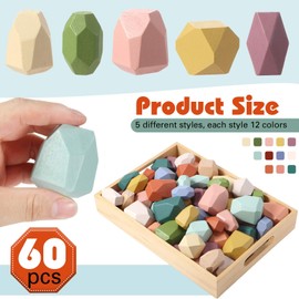 Jenaai 60 Pcs Wooden Balancing Stacking Stones Rocks, Sorting and Stacking Games, Wooden Colorful Stacking Balancing Stones Montessori Toys Preschool Learning Educational Puzzle Toys (Morandi Color)
