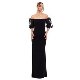 Xscape Women's Illusion Sleeve Off The Shoulder Long Dress (Reg and Petite), Black, 6P