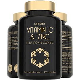 SuperSelf Vitamin C and Zinc Tablets - 1000mg VIT C Enhanced with Zinc, Iron, Copper High Strength - 120 Easy to Swallow Capsules - Vegan Immune System Complex Vitamin C Supplement with Superior Absorption