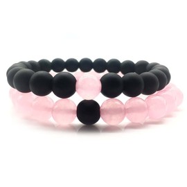 Jenbert 2Pcs Distance Bracelets Black Matte Stone & Rosa Quartz Stone Beads Ying Yang Balance Bracelet Set for Couple 8mm