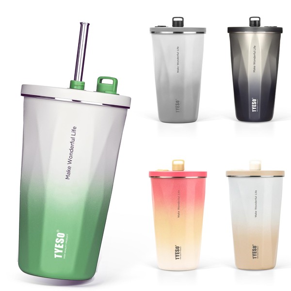 TYESO Vacuum-Insulated Tumbler Cup with Straw, Stainless Steel, Wide Mouth,